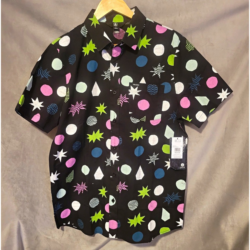 Volcom Men's M Cotton Short Sleeve Button-Up Geometric Black Pink Multi NWT